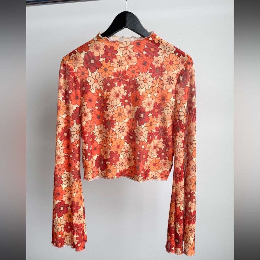 Mesh Orange Floral Crop Top Flared Bell Sleeve 70s Aesthetic Boho Festival AS-IS